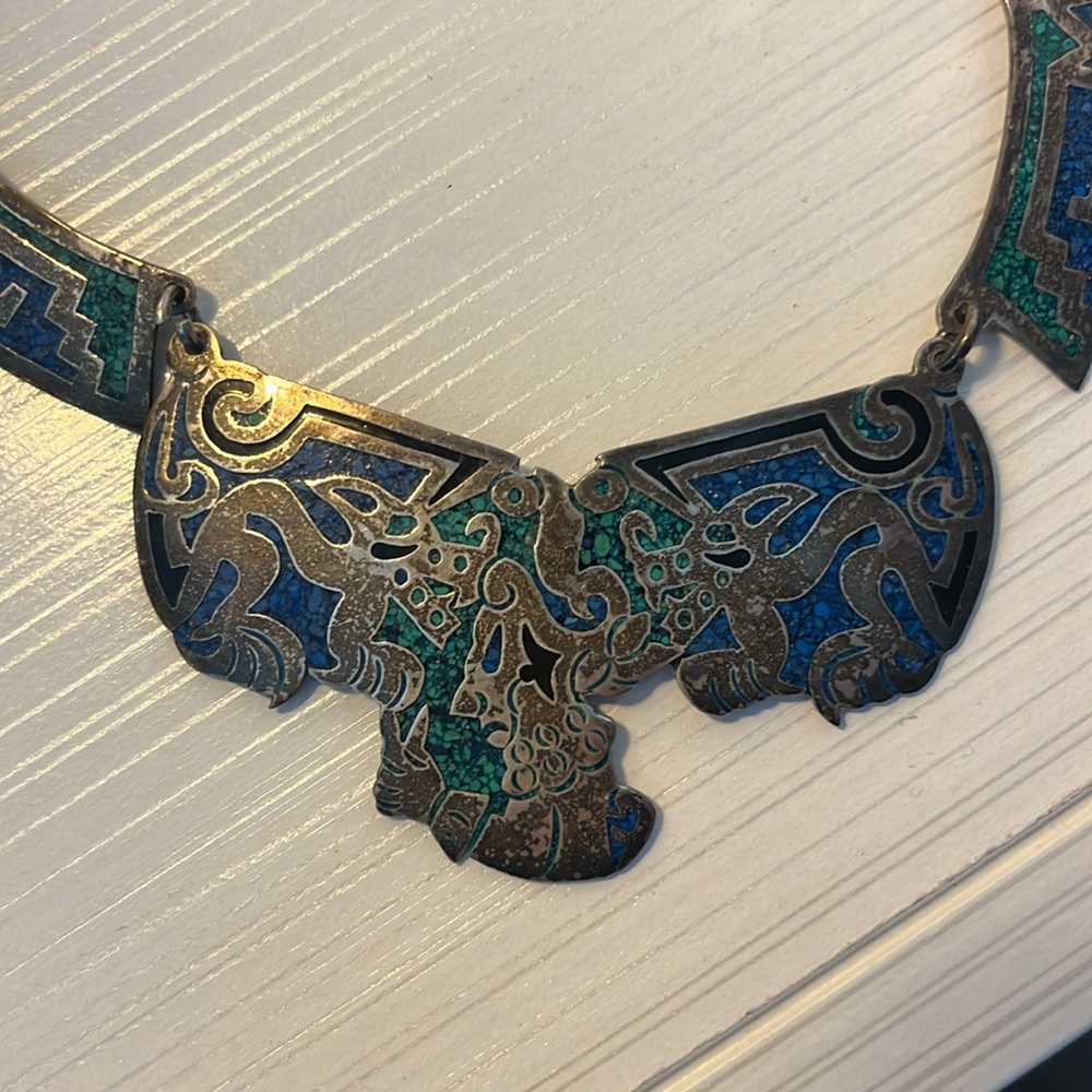 Vintage Mexico Alpaca BIb Necklace Choker Silver With Turquoise Inlay EUC - Picture 3 of 11